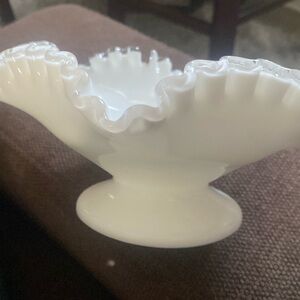 Vintage FENTON White Milk Glass Clear Ruffled Edges Silvercrest Dish Bowl